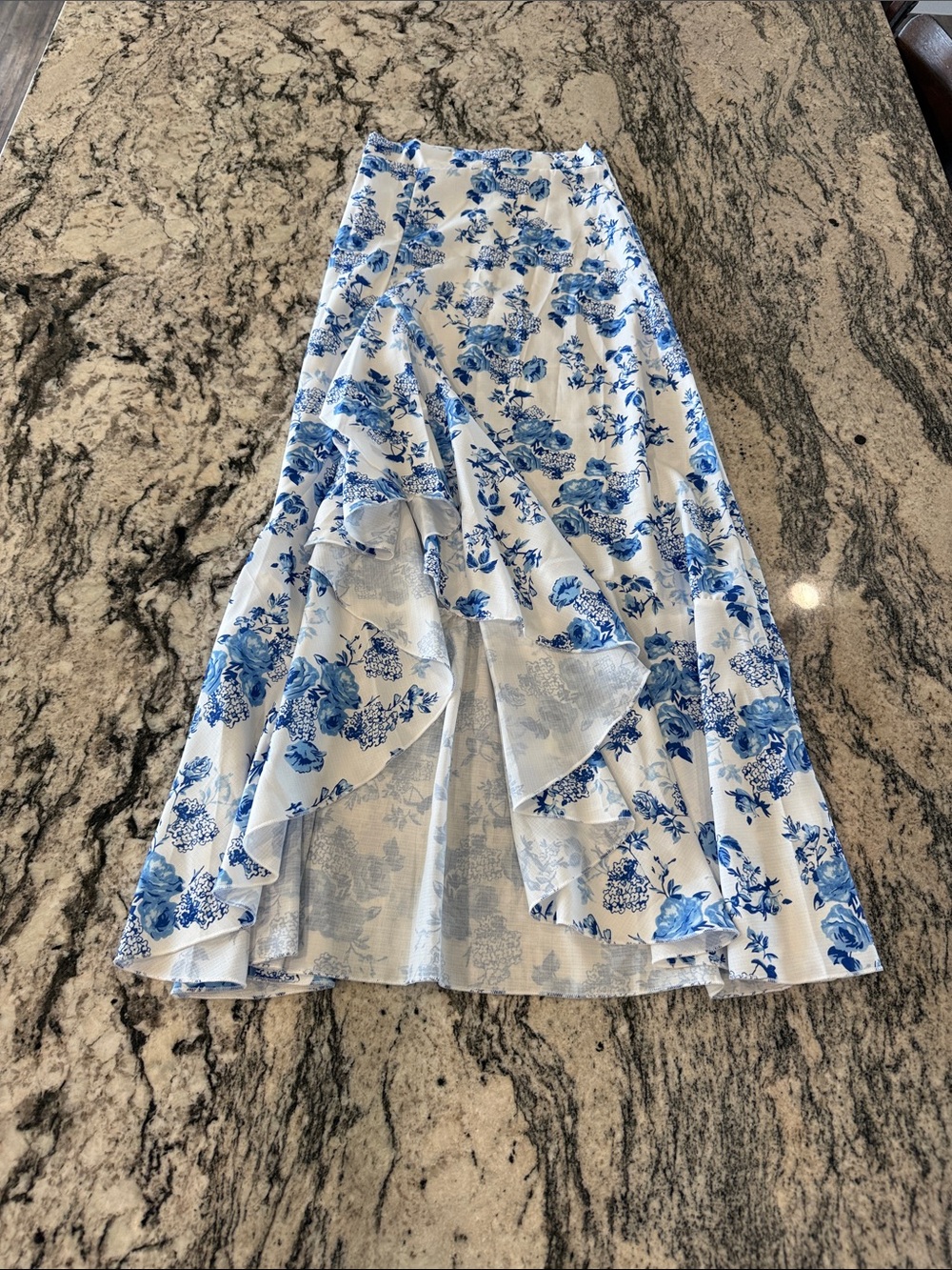 Blue and White Floral Ruffle Maxi Skirt